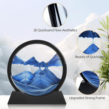 Moving Sand Art Liquid Motion, 3D Deep Sea Sandscape Color Quicksand Decor, Round Glass Moving Sand Art Picture Relaxing Desktop Home Office Work Decor (Blue, 7 inch)