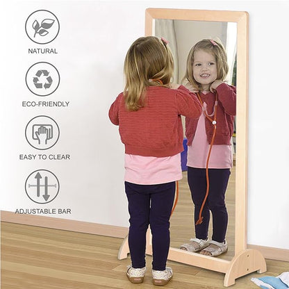 3-Position Montessori Wood Frame Non-Shatter Safety Pull Up Bar Baby Big Mirror Set, Infant Coordination Mirror, Kids Classroom Furniture for Daycare, Homeschool or Preschool