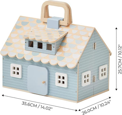 Olivia's Little World Wooden Cottage Dollhouse with 12 Accessories & 4 Figurines – Portable 2-Story Playhouse for 3.5" Dolls – Foldable Miniature Toy House for Girls Ages 3+
