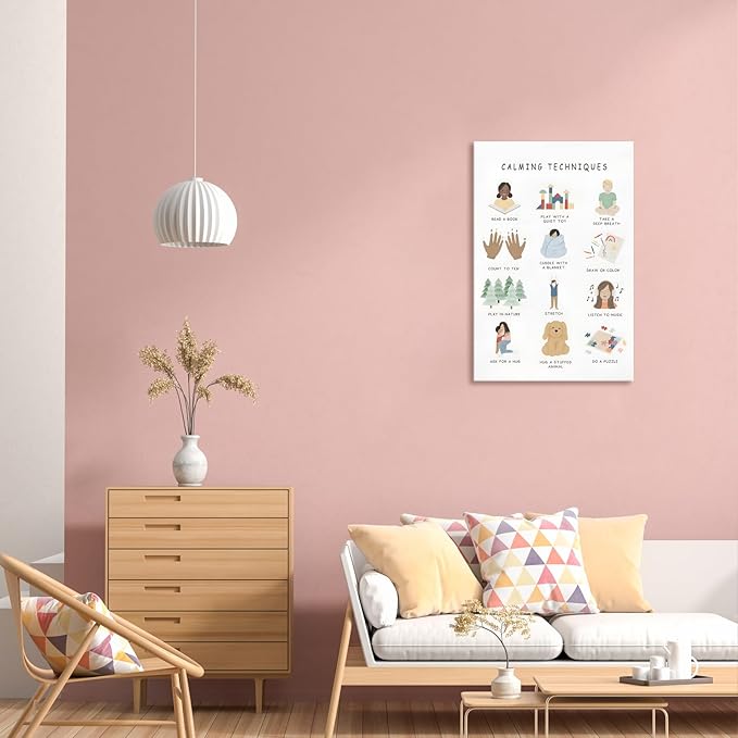 Feelings Calming Techniques Canvas Wall Art Calming Corner Classroom Mental health Posters Boho Emotions Chart for Kids Prints Special Education Wall Decor for Office School 16x24in Framed