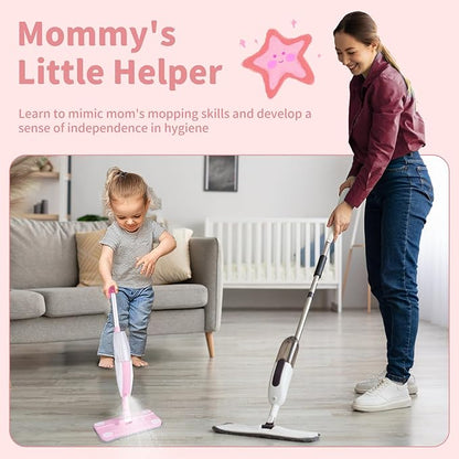 Kids Spray Mop,Fun & Functional Toddler Cleaning Set,Real Working Mop for Floors,Pretend Play – Includes Spray Bottle, 2 Washable Microfiber Pads, Montessori Kids Cleaning Toy Set -Pink