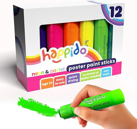 Happido Set of 12 Twistable Tempera Paint Sticks For Kids, Quick Drying, No Mess Art Supplies for Toddlers and Kids Ages 4-6 - NEON & PASTEL COLORS