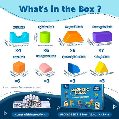 Magnetic Building Blocks, 37PCS Magnetic Blocks for Kids Ages 4-8, 3D Multi-Shape Stacking Blocks, Sensory Montessori Magnet Cubes Toys for Boys & Girls Ages 4+