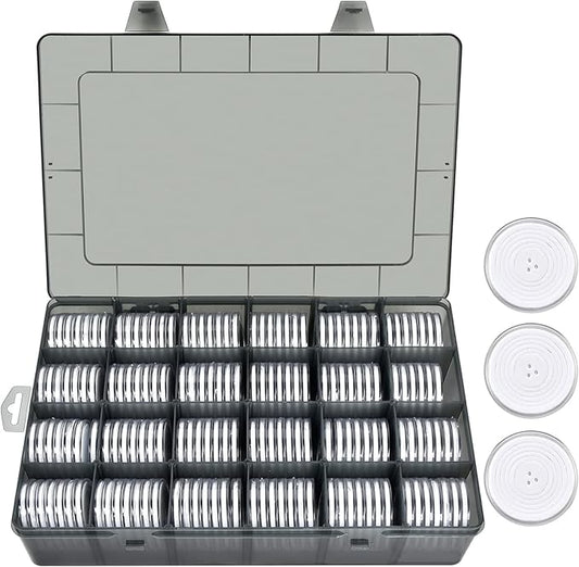 FULLCASE Coin Capsules 46mm with Foam Gasket and Plastic Storage Organizer Box, 6 Sizes (20/25/27/30/38/46 mm) Coins Collector Case Holder for Collection Supplies-168 Pieces(Light Grey)