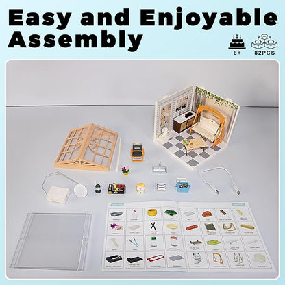 DIY Miniature House Kit Plastic House Building Toy Set with Roof & 2 Doors, Mini Dollhouse Kit with LED for Mini Figures Construction Toys Diorama Kit Gifts for Teens Adults (Happy Garden)