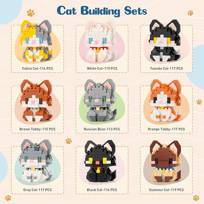 HIGH GODO Cat Building Set, Mini Cat Party Favors for Kids, 9 Pack Small Cats Toys Figurines, Animal Goodie Bag Stuffers, Gifts for Adults Kids Boys Girls Age 8+