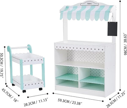 Teamson Kids My Dream Bakery Shop Dessert Stand and Rolling Pastry Cart Interactive Wooden Play Set with 18 Pretend Baked Goods, White and Mint Green with Gray Polka Dot Accents