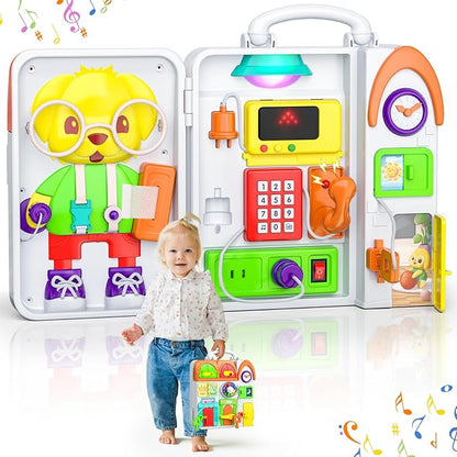 Montessori Busy Board for 1 Year Old Boy Girl, Musical Baby Toys 12-18 Months, Bilingual Learning Educational Toddlers Toys for 1-2 Year Old Birthday Gifts
