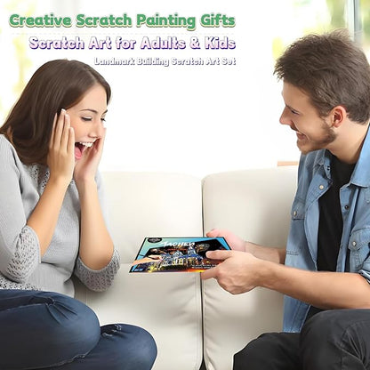 Scratch Art Painting Kit for Adults-8 Sheets A4 Rainbow Scratch Painting Paper Craft Set with City Landmarks|Stress Relief Gift for Travel&Craft Lovers|Scratch Art Home Decor(Europe Series 1)