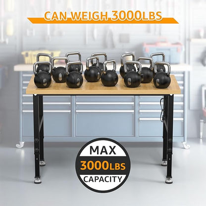 48" Adjustable Workbench,Heavy-Duty Work Table,3000 LBS Load Capacity Particleboard Hardwood Workstation Outlets with Power Strips and Fixed feet,for Workshop, Garage