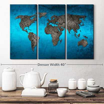 ElephantStock Ocean World Map Multi Piece Canvas - 3 Panel Wall Decor - Map of the World Art - Canvas for the Office and Home - 33" X 20"