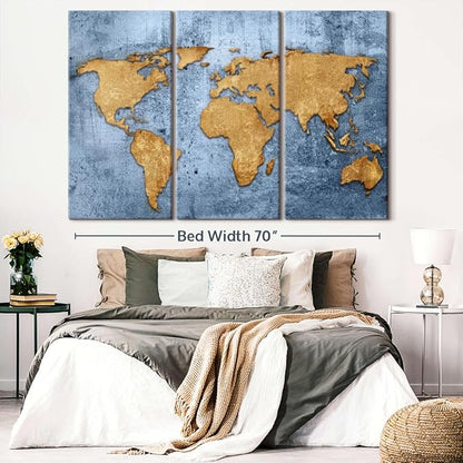ElephantStock Azure World Map Wall Art Multi Piece Canvas - 3 Panel Wall Decor - Map of the World Art - Canvas for the Office and Home - 74" X 48"