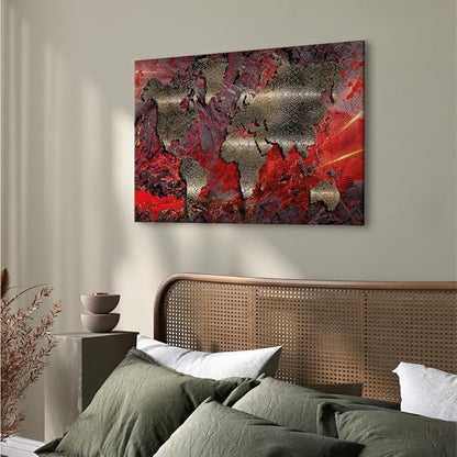 artgeist Canvas Wall Art World Map 35x24 in - 1pcs Home Decor Framed Stretched Picture Photo Painting Artwork Modern Art Image - Abstract Continents Map World Map Red k-A-0505-b-d