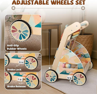 Wooden Baby Walker, Detachable Double-Sided Busy Board, Baby Walking Toys Push Walkers for Babies 6-12 Months