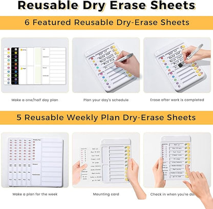 Magnetic Chore Chart for Kids, ADHD Tools for Kids to Do List Checklist Task Board Routine Chart Planning Board for Fridge with 10 Sliders and Magnetic Marker - White