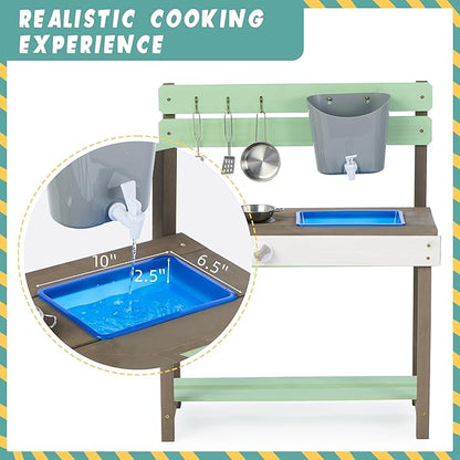 Kid's Wooden Play Kitchen, Outdoor Mud Kitchen with Water Play Set and Cooking Toys, Backyard Play for 3+ Years Kid