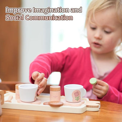 Wooden Tea Set for Little Girls, Pretend Play Tea Party Set Toy with 27 PCS Play Kitchen Accessories, Princess Tea Set Toy, Birthday Gift for Kids 3-5 Years Old, Improve Imagination