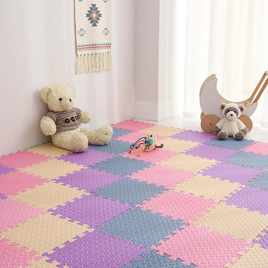 36 Tiles Foam Play Mat for Baby, 0.4 Inch Thick Foam Interlocking Floor Mats, Non-Toxic Baby Playmat, Solid Colored Puzzle Play Mat Kids Floor Mats for Toddler(Beige/Pink/Purple/Gray Blue)