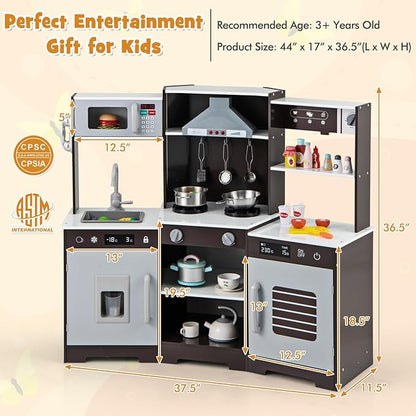 HONEY JOY Corner Kids Kitchen Playset, Wooden Toy Kitchen Set w/Lights & Sounds, Range Hood, Ice Maker & Coffee Maker, Microwave, Sink, Faucet, Little Chef Pretend Play Kitchen for Toddlers, Brown