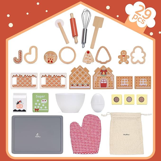 PairPear Gingerbread House Baking Playset – 29 Piece Wooden Christmas Cookie Baking Kit, 3D Toy Cookie Play Food & Pretend Kitchen Accessories, Educational Play Baking Toys Gift for Kids 3+