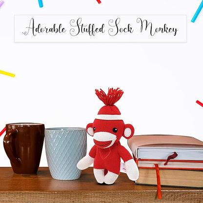 Adorable Sock Monkey 6 Inches, The Original Traditional Hand Knitted Stuffed Animal Toy Gift-for Kids, Babies, Teens, Girls and Boys Baby Doll Present Puppet (Red)