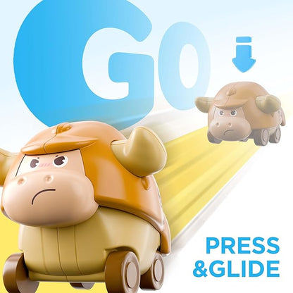 iPlay, iLearn Press to Go Car Toys for Toddlers, Baby Mini Animal Race Cars, 3pcs Infant Play Vehicle Set, Push Go Friction Bull Toys for 18 24 Month, Frist Birthday Gift for 2 3 Year Old Boys Girls