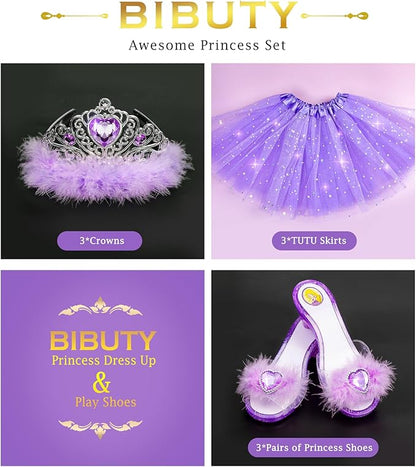 Princess Dress Up Shoes , Dress Up Clothes Pretend Play Costumes-3 Sets of Princess Shoes, Dresses and Crowns, Princess Accessory Toys for 3-6 yr Girl Birthday Gifts