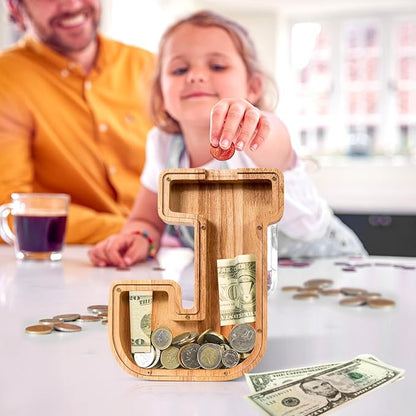 SummiDate Wooden Letter Piggy Bank| Piggy Bank for Boys Girls Toddler| Alphabet J Money Bank| Coin Bank Birthday Gift for Kids|Birthday Easter Gifts for Kids (J)