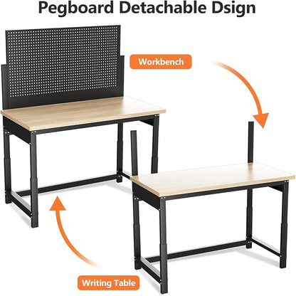 Workbench with Pegboard, Adjustable Height Work Bench Heavy Duty Work Station Table with Power Outlets Work Benches for Garage, Workshop, Home, Office(47.2 inch Wide)