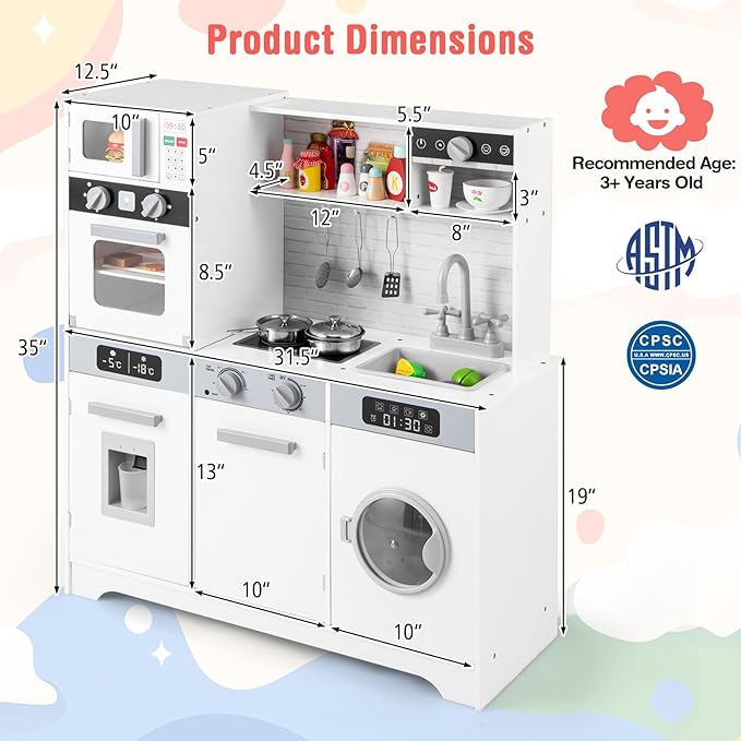 Costzon Kids Kitchen Playset, Wooden Toddler Play Set w/Real Lights & Sounds, Sink, Faucet, Water Dispenser, Microwave, Oven, Washing Machine, Little Chef Pretend Play Kitchen for Kids Ages 3+