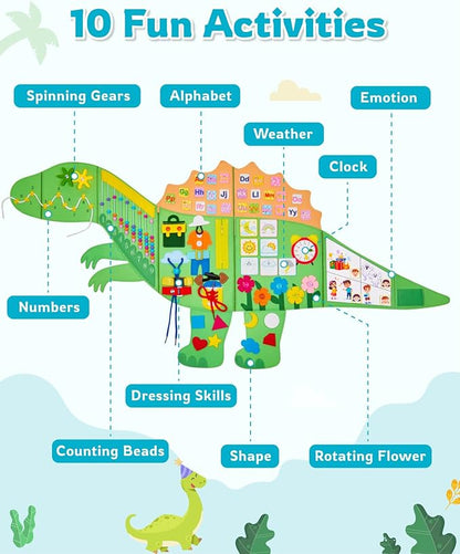 Dinosaur Montessori Busy Board: 10 in1 Sensory Wall Panel for Kids, Toddler Sensory Toys Learning Activity Wall for Playroom, Daycare, Class, Travel, Gifts for 3 4 5 6 Year Old Boys Girls