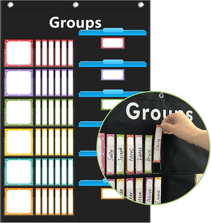 REGELETO Small Group Management Pocket Chart with 96 Cards Classroom Jobs Chart Small Group Organizer and on Task for School Teacher Elementary Preschool Learning Supplies (Black)