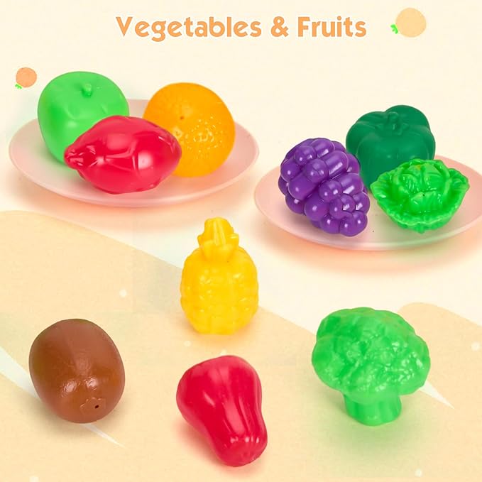 56Pcs Mini Play Kitchen Accessories for Kids, Pretend Cooking Playset with Cookware, Tableware & 2 Fruit Sets, Learning Gift for Girls, Boys, Toddlers, Pink