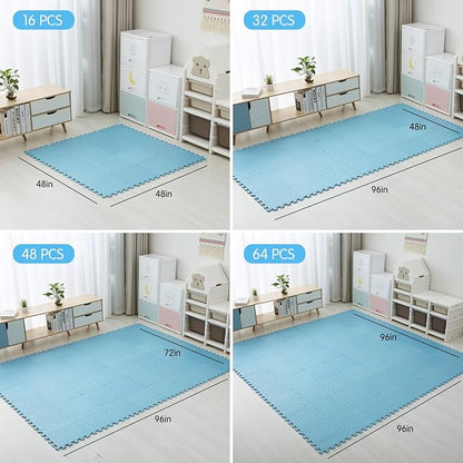 Coolcandy EVA Foam Play Mat, 16 Tiles Colorful Baby Play Mat, Square Kids Playmat with Solid Colored, 0.4" Thickened Interlocking Foam Floor Tiles, Puzzle Play Mat For Baby Lying, Playing (Light Blue)