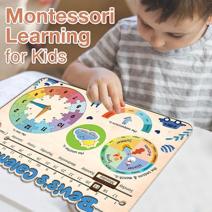Interactive Calendar for Kids Ages 3+, Wooden Toddler Calendar, Teaching Seasons, Years, Months, Days of Week, Daily Activity Calendars for Kid Preschool & Homeschool (04 - boy Name)