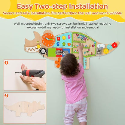 Dinosaur Activity Wall Busy Board Panels, 11-in-1 Montessori Sensory Wall Panel for Kids, Toddler Learning Activity Center, Perfect for Playroom Daycare Nursery Classroom