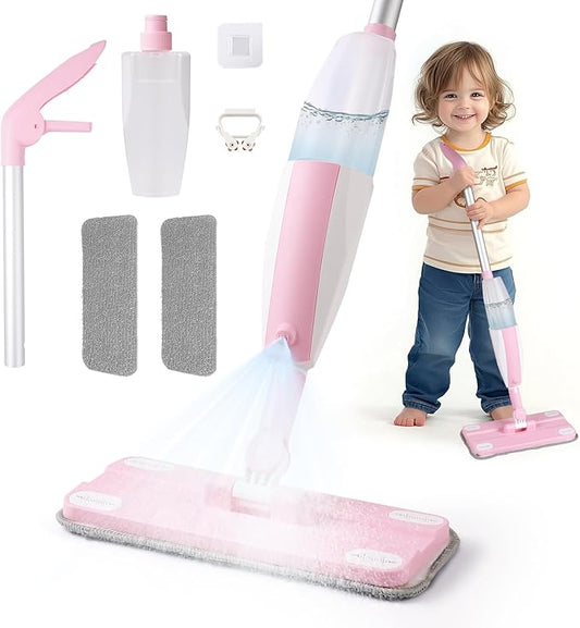 Kids Spray Mop Pink, Real Working Water-Spraying Toy, Montessori Mini Mop with 2 Microfiber Washable Pads, Toddler Cleaning Set for Floor, Christmas Birthday Gifts for Age 3 4 5 6 7 8