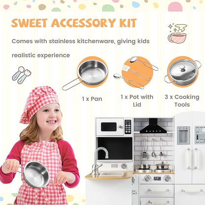 HONEY JOY Corner Kids Kitchen Playset, Little Chef Wooden Play Kitchen for Toddlers, Microwave, Refrigerator, Water Dispenser, Range Hood, Cookware, Pretend Play Toy Kitchen Set for Boys Girls