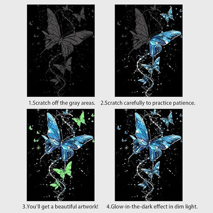 Glow in The Dark Scratch Art Paper，Engraved Landscape Scratch Painting Rainbow Board (12 Sheets A4) Adults, Fun Sketch Card Creative Craft Toy (Animals/Landscapes) by Iskueal.