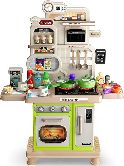 Play Kitchen Set, Kids Kitchen Playset with Realistic Sound & Light, Cooking Stove, Sink, Play Food and Accessories, 57 Pcs Kitchen Toys Gifts for Toddlers 2-4 3-5 Boys Girls (Green)