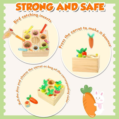 XPIY Montessori Toys for 1 Year Old, Carrots Harvest Wooden Baby Toys for 6-12 Months Educational Shape Sorting Matching Toys Fine Motor Skill, Gift for Kids Easter (Bug Catching Bouncing Carrot)