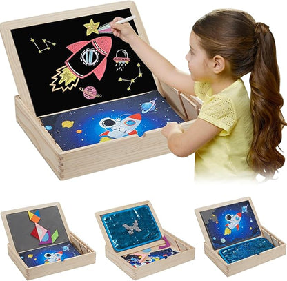 4-in-1 Wooden Sensory Toys with Storage Box, Activity Board for Children with Autism, Double Side Playing Board, Sensory Sequin Flip Panel, Educational Puzzles for Kids, Calm Down Corner