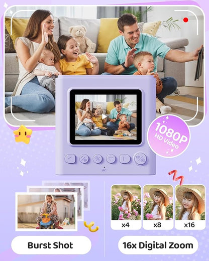 Kids Instant Print Camera, Christmas Birthday Gifts for Girls and Boys, 1080P HD Video Digital Kids Camera with Print Paper & 32G Card, Toddler Toy for 3-14 Years Old (Purple)