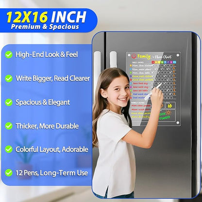 PigPotParty Acrylic Magnetic Chore Chart for Kids, 12"x16" Reward Responsibility Chart, Chores Checklist, 2 Weekly Dry Erase Fridge Board for Teens Adult Family Multiple Kids, w/ 12 Markers & Towel