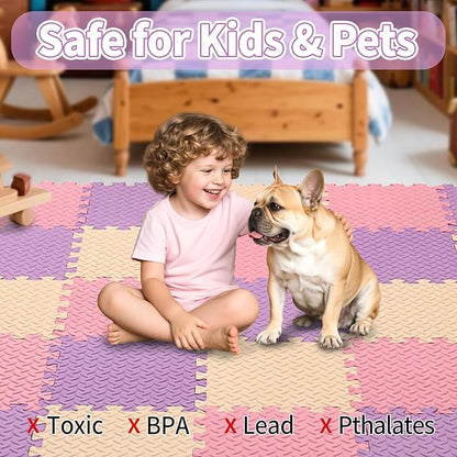 Foam Play Mat for Baby, 0.4 Inch Thicked Interlocking Floor Mats with Solid Colors, Soft Non-Toxic Squares Baby Play Mat, EVA Foam Puzzle Floor Mat for Toddler, 16 Tiles(Pink/Beige/Purple)