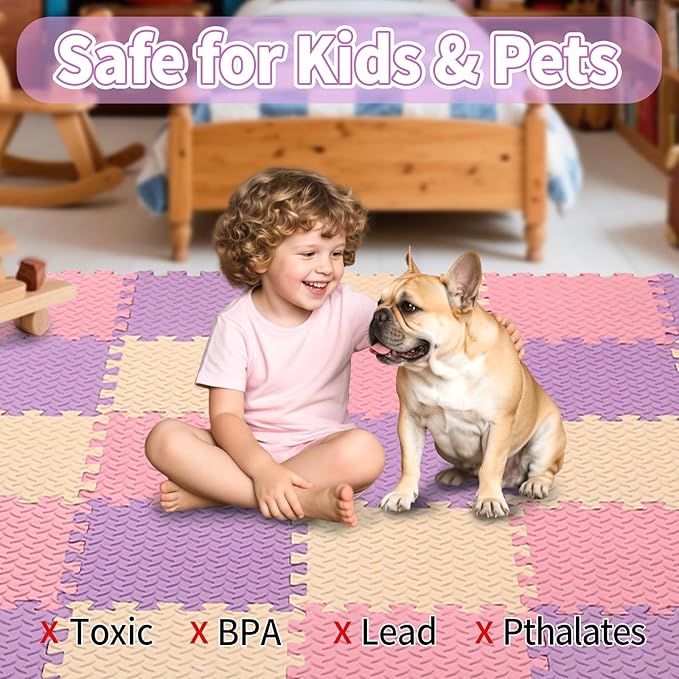 36 Tiles Foam Play Mat for Baby, 0.4 Inch Thick Foam Interlocking Floor Mats, Soft Non-Toxic Baby Playmat, Solid Colored Puzzle Play Mat Kids Floor Mats for Toddler(Pink/Beige/Purple)