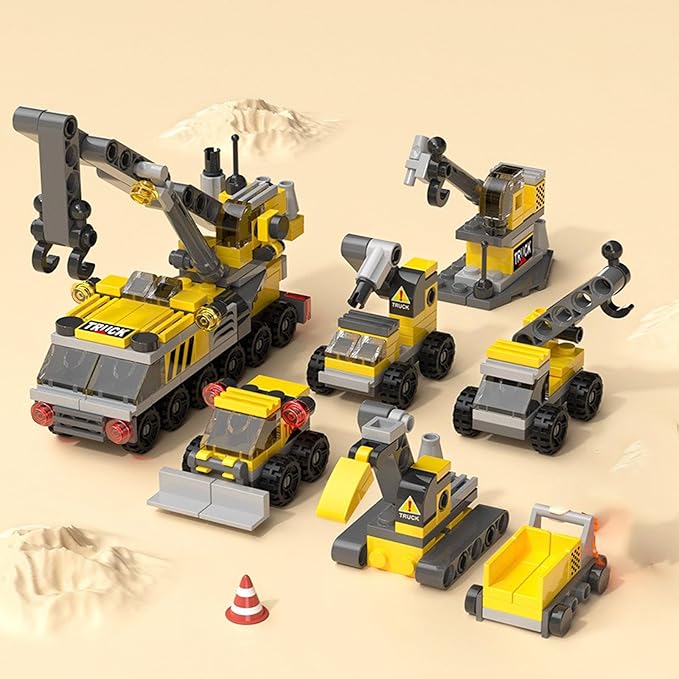 Rescue Construction Truck Building Blocks Set - 7 in 1 Engineering Vehicle Toy with Rotating Crane Arm, Rolling Wheels | STEM Educational Gift for Kids Ages 6-12 | Fire Truck & Emergency Playset