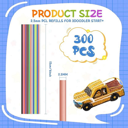 300 Pieces 3D Pen Refills Pack for 3Doodler Start+ Pen 15 Colors 2.5 mm Low Temperature 3D Pencil PCL Filaments Not Compatible with Other 3D Printing Pens