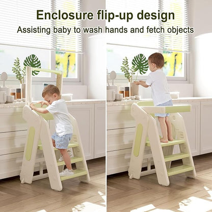 Toddler Tower Kitchen Stool Helper,Foldable/Adjustable Height Kids StandingTower Stool W/CPC Certification,for Kitchen Counter Bathroom Sink Cooking Child Ladder for Toddlers W/Safty Rail(Green White)