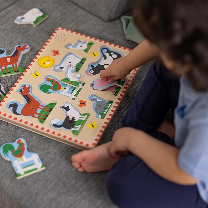 Melissa & Doug Farm Animals Sound Puzzle - Wooden Peg Puzzle with Sound Effects (8 pcs)